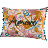 cushions, cushion, cushions embroidered, amore, love, throw pillow, cushion with pom poms, display cushion, display pillow, teal pom poms, art gallery fabric