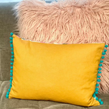 cushions, cushion, cushions embroidered, amore, love, throw pillow, cushion with pom poms, display cushion, display pillow, teal pom poms, art gallery fabric, linen back