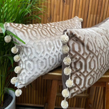 velvet cushions, embossed fabric, pom poms, two way pillow, bed pillow, couch cushion, pillow, cushion
