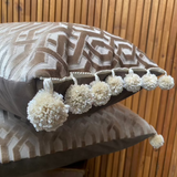 velvet cushions, embossed fabric, pom poms, two way pillow, bed pillow, couch cushion, pillow, cushion