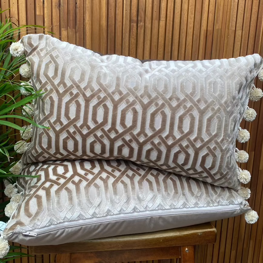 velvet cushions, embossed fabric, pom poms, two way pillow, bed pillow, couch cushion, pillow, cushion