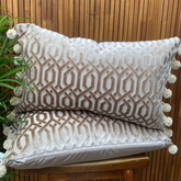 velvet cushions, embossed fabric, pom poms, two way pillow, bed pillow, couch cushion, pillow, cushion