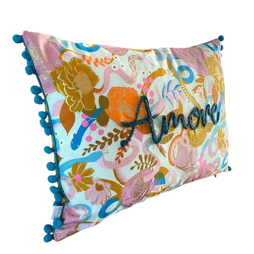 cushions, cushion, cushions embroidered, amore, love, throw pillow, cushion with pom poms, display cushion, display pillow, teal pom poms, art gallery fabric