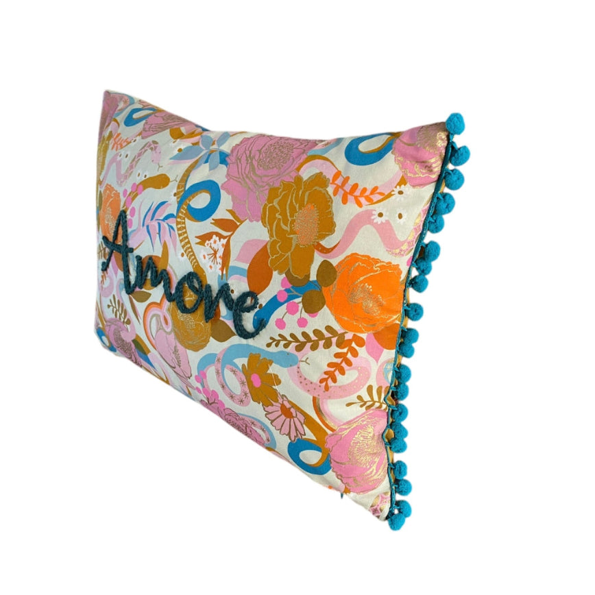cushions, cushion, cushions embroidered, amore, love, throw pillow, cushion with pom poms, display cushion, display pillow, teal pom poms, art gallery fabric