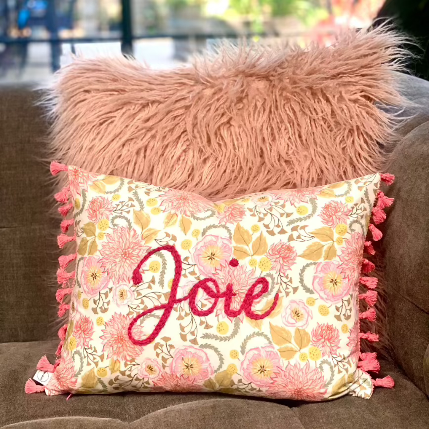 cushions, pom pom cushion with embroidery, pink cushions, feather down filling, cushion, throw cushion ,display pillow, pillow