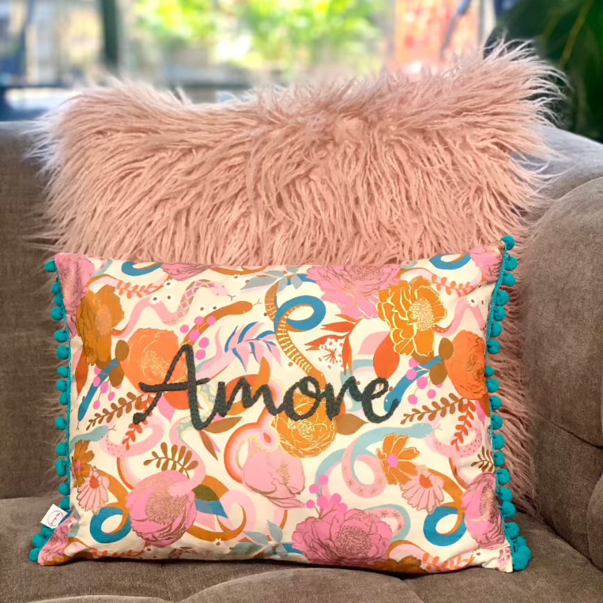 cushions, cushion, cushions embroidered, amore, love, throw pillow, cushion with pom poms, display cushion, display pillow, teal pom poms, art gallery fabric