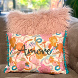 cushions, cushion, cushions embroidered, amore, love, throw pillow, cushion with pom poms, display cushion, display pillow, teal pom poms, art gallery fabric